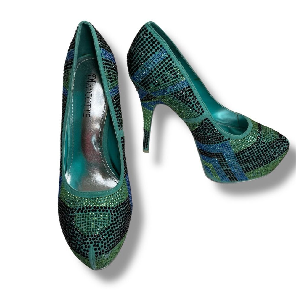 Mascotte Green Blue Black Beaded Stud Rhinestone Platform Pump Heels Women 9
